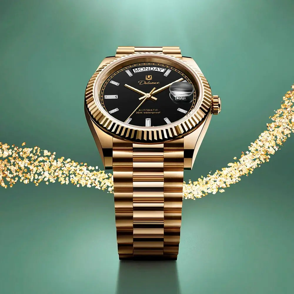 Relógio automático masculino London Black Gold em composição sofisticada