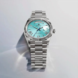Relógio automático masculino London Sky Blue em composição de produto