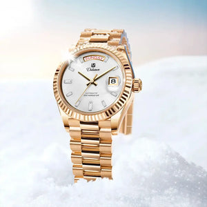 Detalhes do relógio automático masculino London White Gold com pulseira metálica dourada