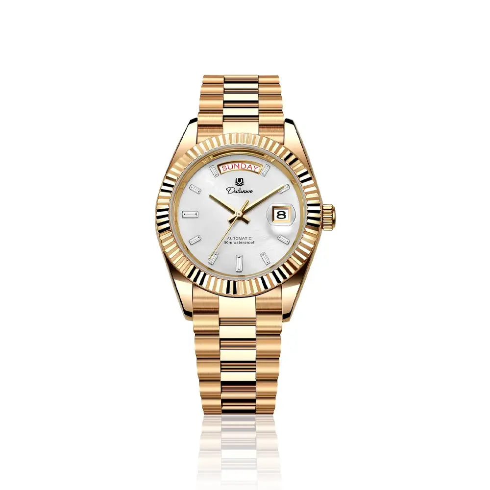 Relógio automático masculino London White Gold com mostrador branco e acabamento dourado