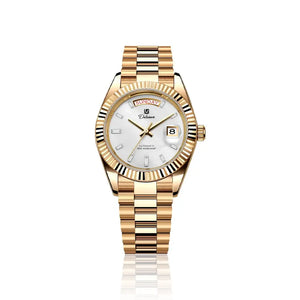 Relógio automático masculino London White Gold com mostrador branco e acabamento dourado