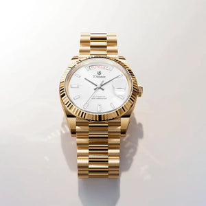 Vista superior do relógio automático masculino London White Gold com mostrador branco